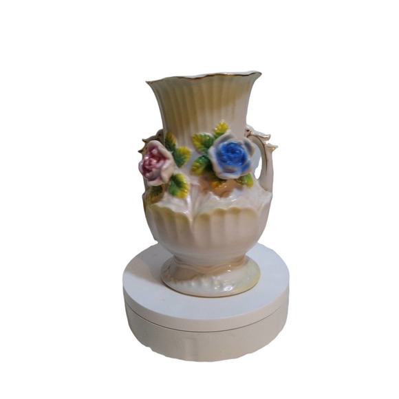 Vintage Japan floral two side handle flower vase gold trim - Picture 5 of 12